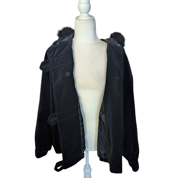 Vtg Braefair Black Velvet Real Fox Fur Trimmed Hooded Bomber Jacket Sz L - Picture 6 of 10